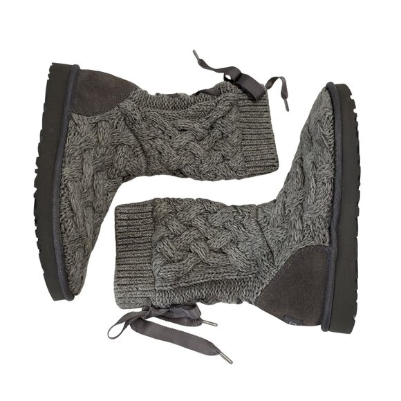 UGG Womens Gray Cable Knit Bailey Bow Boots Size 8 - Picture 3 of 5